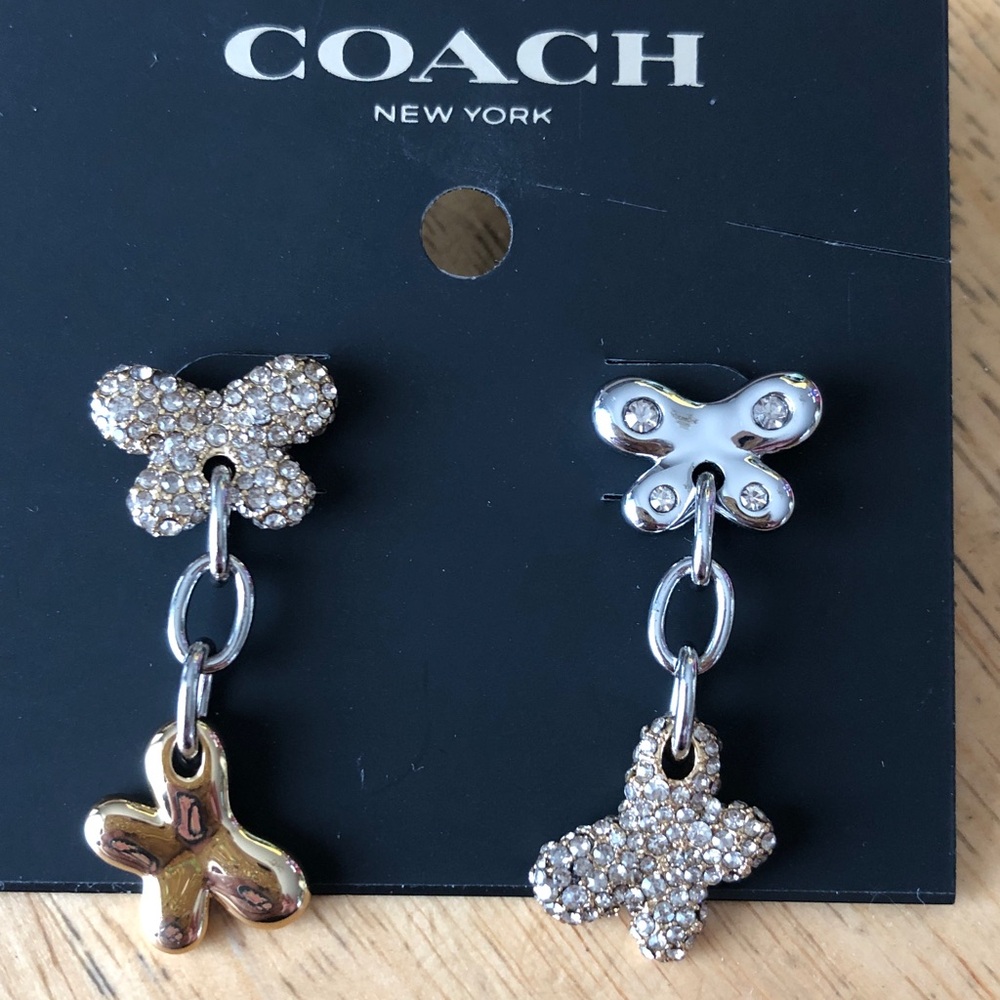 Coach Two-Tone Double Butterfly Drop Earrings Pave Crystal Accents NWT - Picture 8 of 12